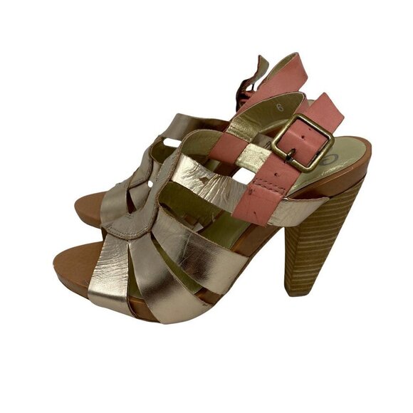 Seychelles Womens Sandal Stacked Heels Shoes Gold Pink Leather Cut Out Buckle 6 - Picture 4 of 10